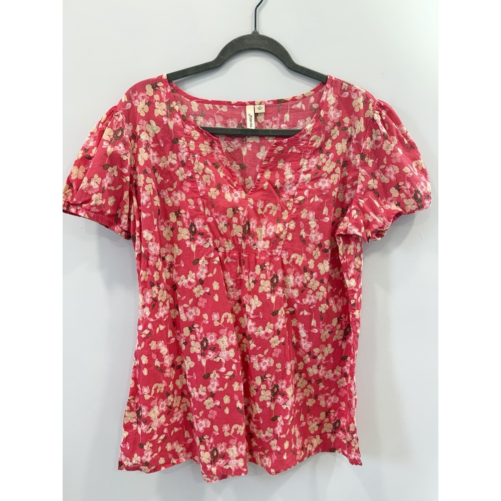St John's Bay Floral Blouse Large Pink V Neck Short Sleeve 100% Cotton Top